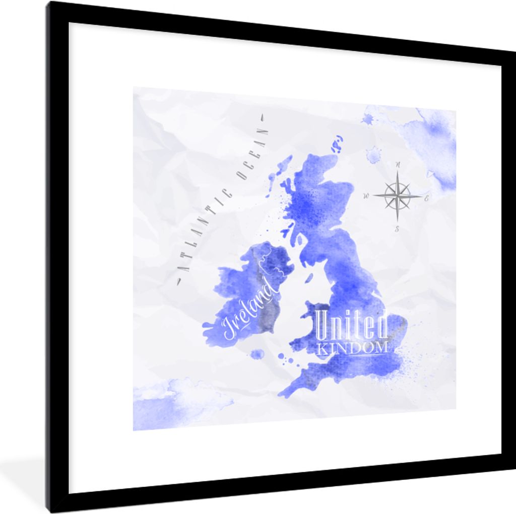 MuchoWow MuchoWow Gerahmtes Poster Aquarell - England - Karte 40x40 cm - Poster mit zchwarzem Bilderrahmen - Poster - Plakat im Rahmen