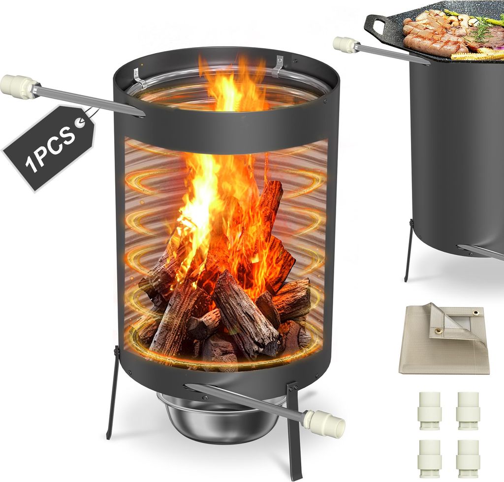 UISEBRT Poolheizung Feuertonne 30x52x40 cm Schwarz Edelstahl mit Feuer, Anschluss 32/38 mm, Ascheschale & Feuerschutzmatte, Brennholz Pool Heizung ...