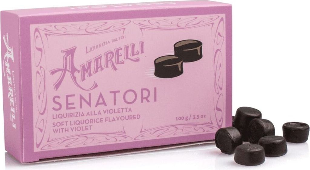 Amarelli Senatori, Weiche Lakritz mit Veilchen-Aroma, Box, Produktbild 