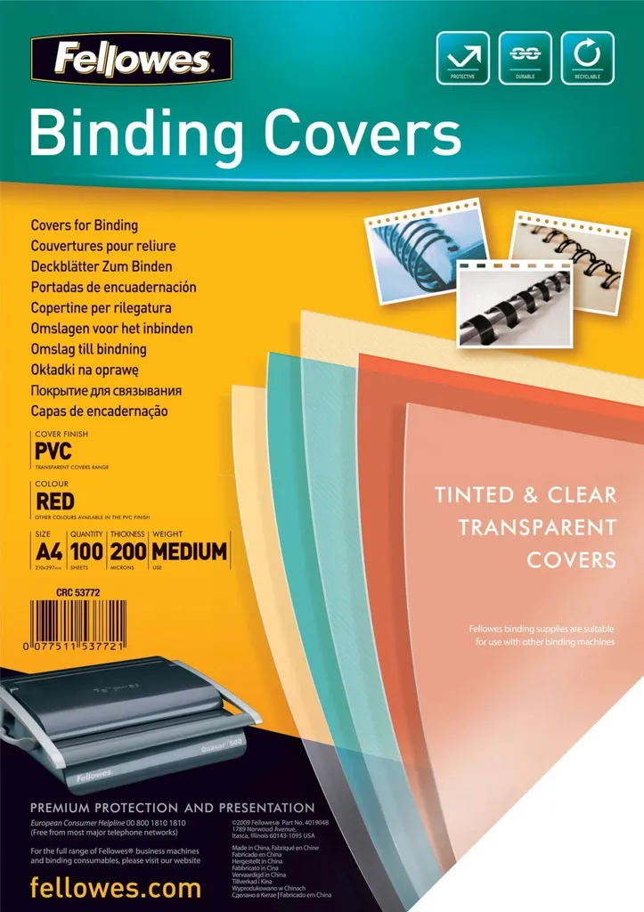 Foglio di copertura Fellowes, DIN A4, PVC, rosso-trasparente, 0,20 mm