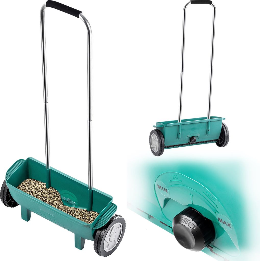 A product shot of a lawn spreader, with a close-up inset showing a dial.