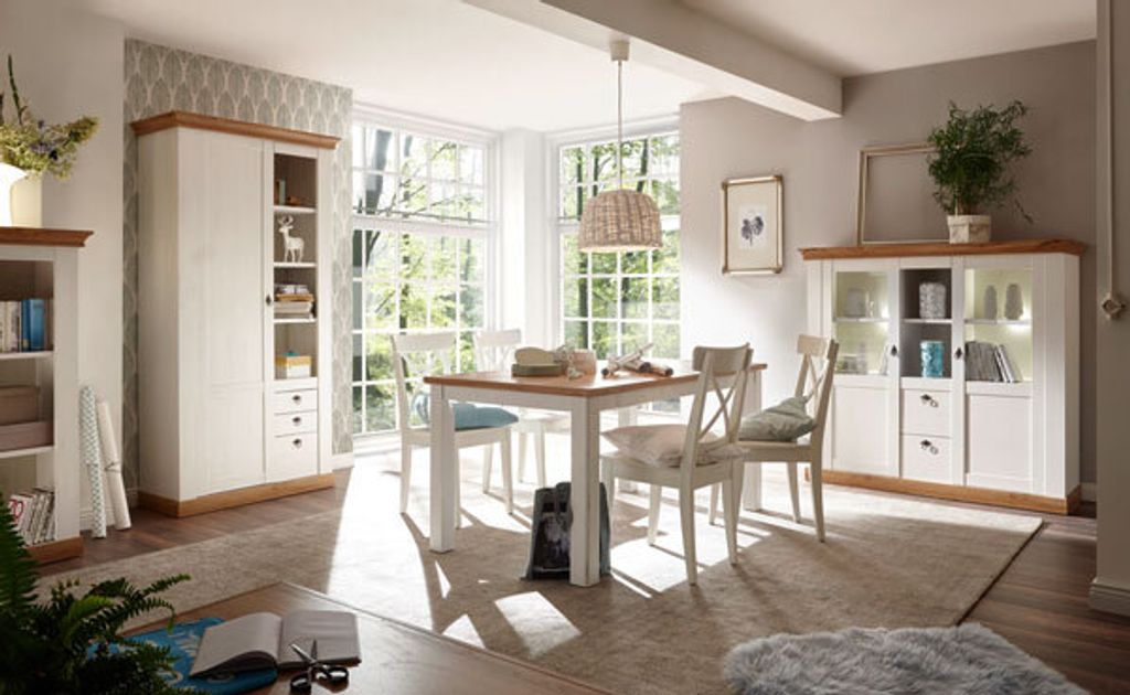 Landhaus Esszimmer Set 250cm pinie weiß / wotan eiche Esstisch Highboard