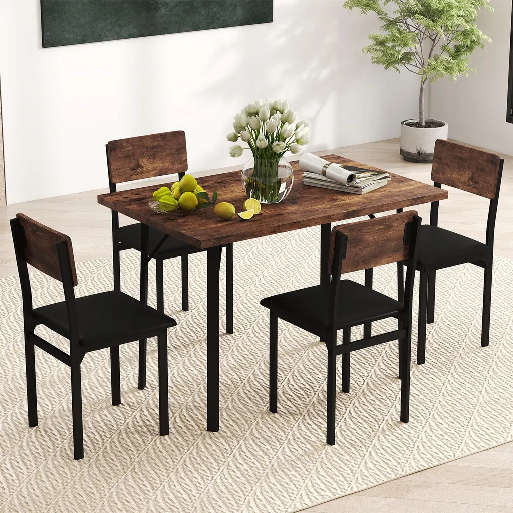 Table à Manger et 4 Chaises en Similicuir avec Structure Métal Vintage