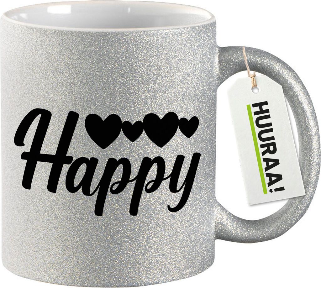 Huuraa Glitzertasse Happy Herzen 330ml Silber Keramik Kaffeebecher Geschenkidee