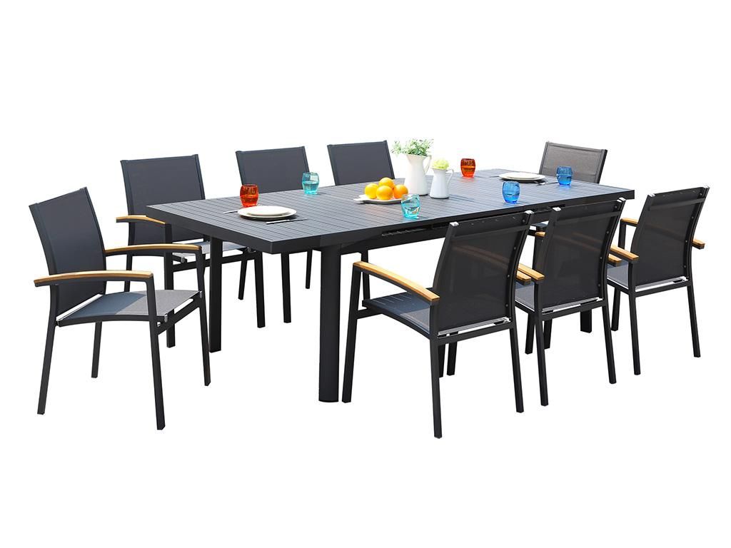 Garten-Esszimmer aus Aluminium: ausziehbarer Tisch mit einer Länge von 180/240 cm und 8 stapelbaren Stühlen – Farbe Anthrazit – NAURU