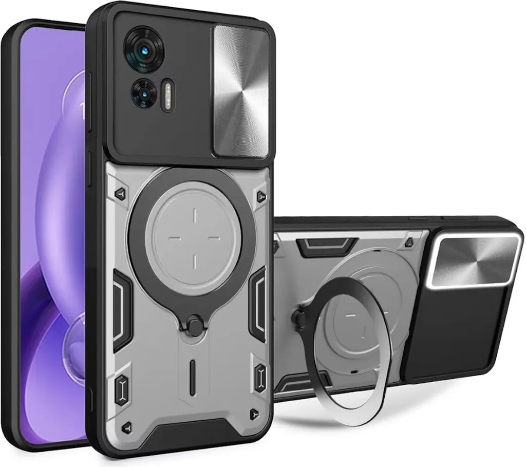 Per Motorola Moto G84 5G scorrevole fotocamera protezione TPU / PC protettiva copertura anello titolare argento