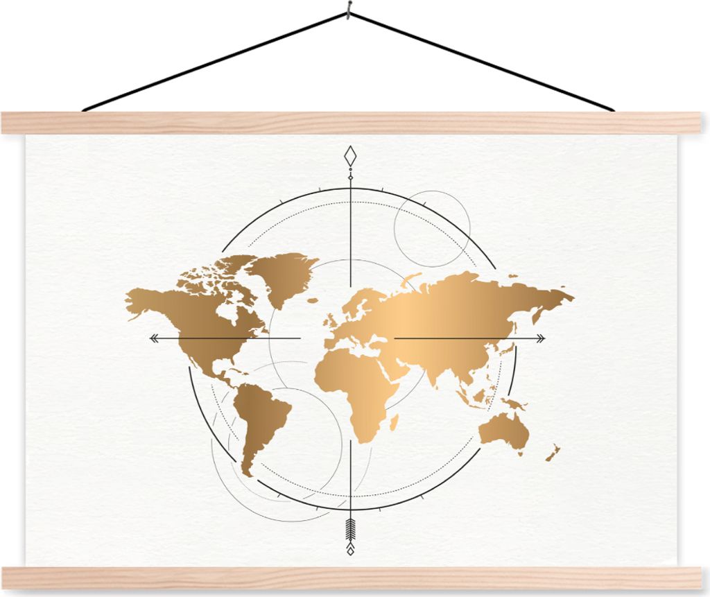 MuchoWow Textilposter Weltkarte - Gold - Kompass - Kinder - Jungen - Mädchen 60x40 cm mit holzfarbenen Rahmen - Bilder