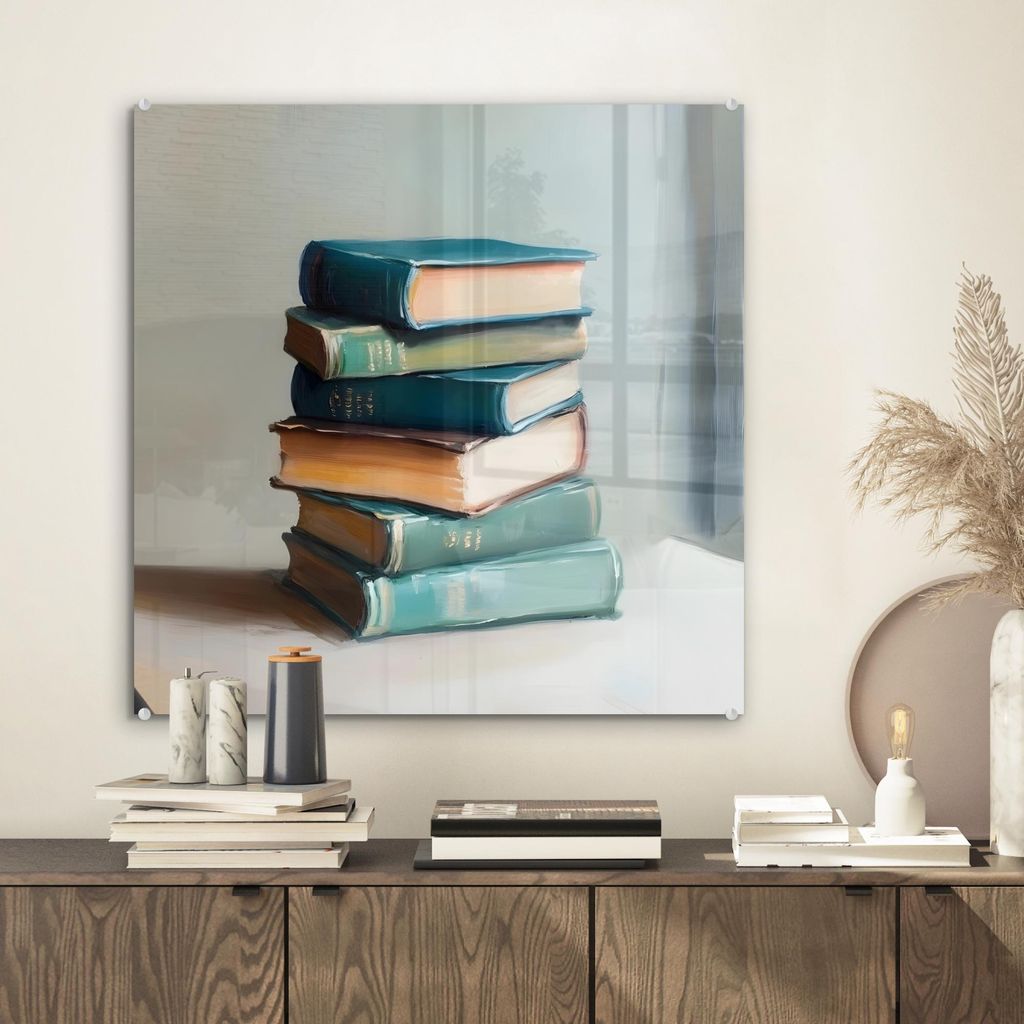 MuchoWow Glasbilder - Bilder auf Wandbild - Foto auf Glas Stapel - Bücher - Grün - Tageslicht 50x50 cm Wanddekoration aus Glas - Acrylglasbild - ...
