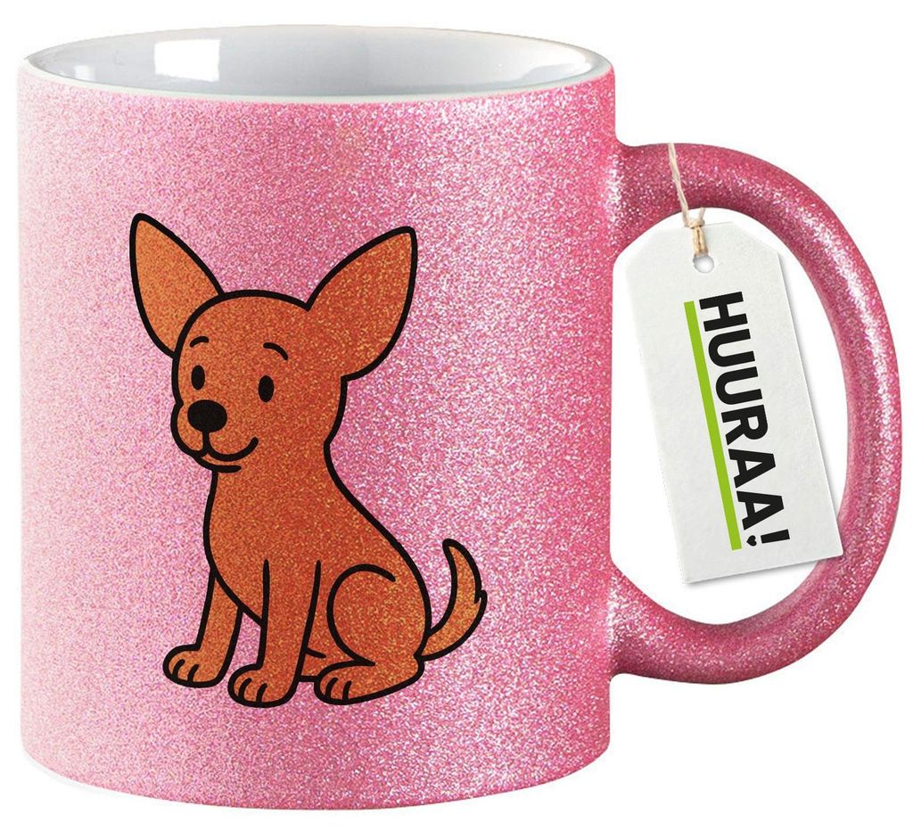 Huuraa Glitzertasse Chihuahua ChiChi Comic 330ml Pink Keramik Kaffeebecher Geschenkidee