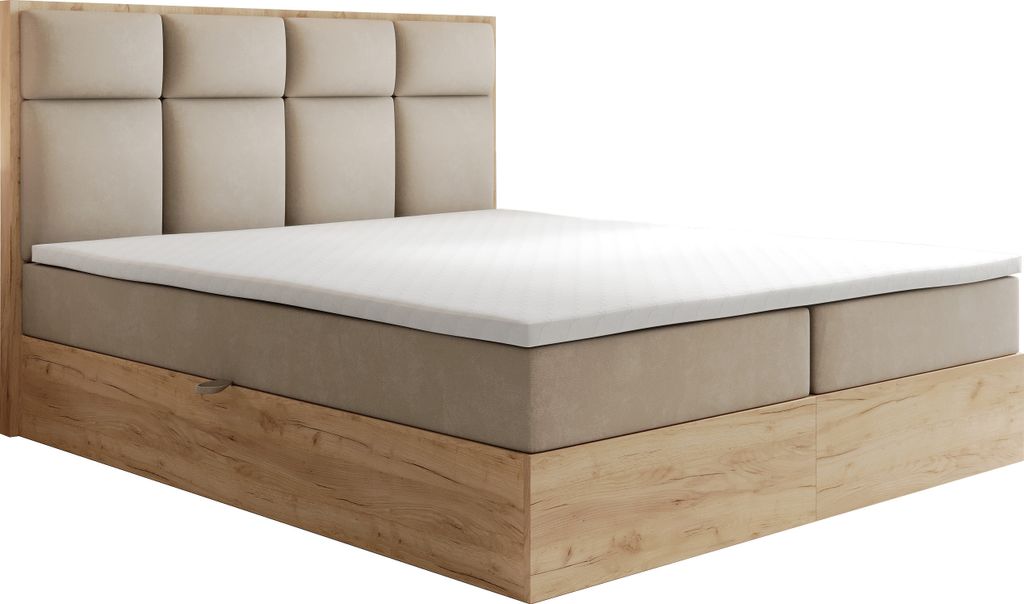 TRADA Boxspringbett mit Matratze mit Bettkasten und Topper Beige Velour Selva 200x200