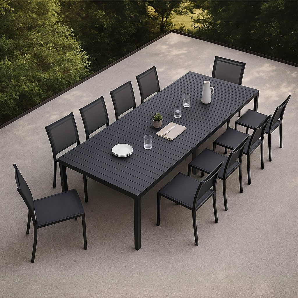 Ausziehbarer Aluminium-Gartentisch 52/260 cm und 10 graue Stühle - Oviala Extensia