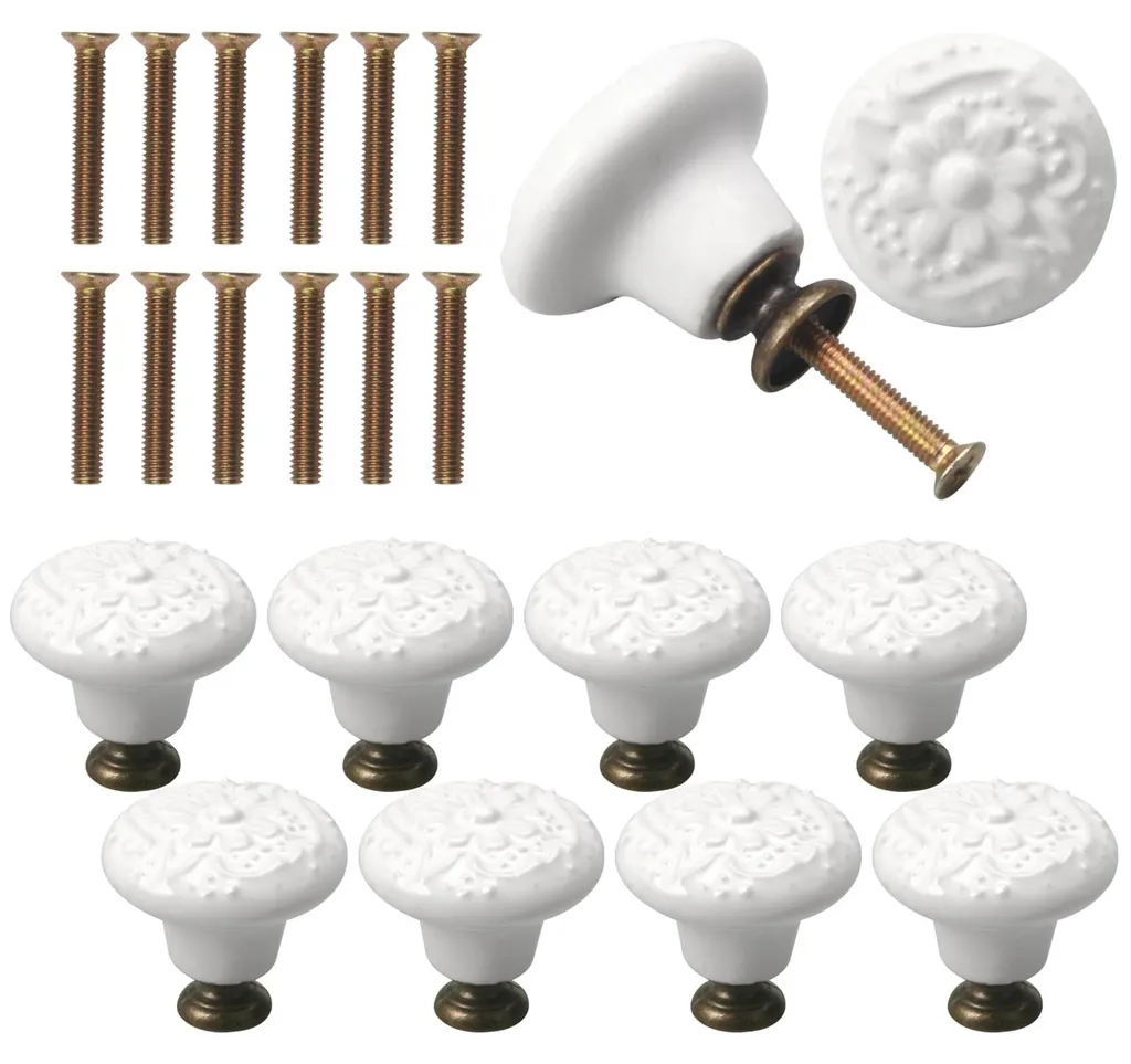 10 Boutons de Meuble en Céramique Blanche Style Vintage avec Vis 34mm