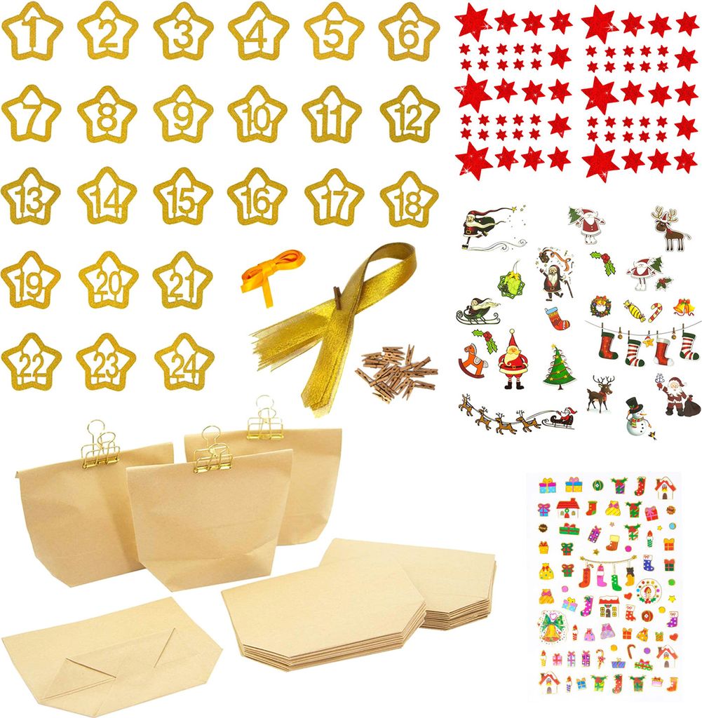Oblique Unique DIY Adventskalender Set - 24 Kraftpapier Tüten + Girlande mit 24 Zahlen in Sternform + 183 Aufkleber für Advent