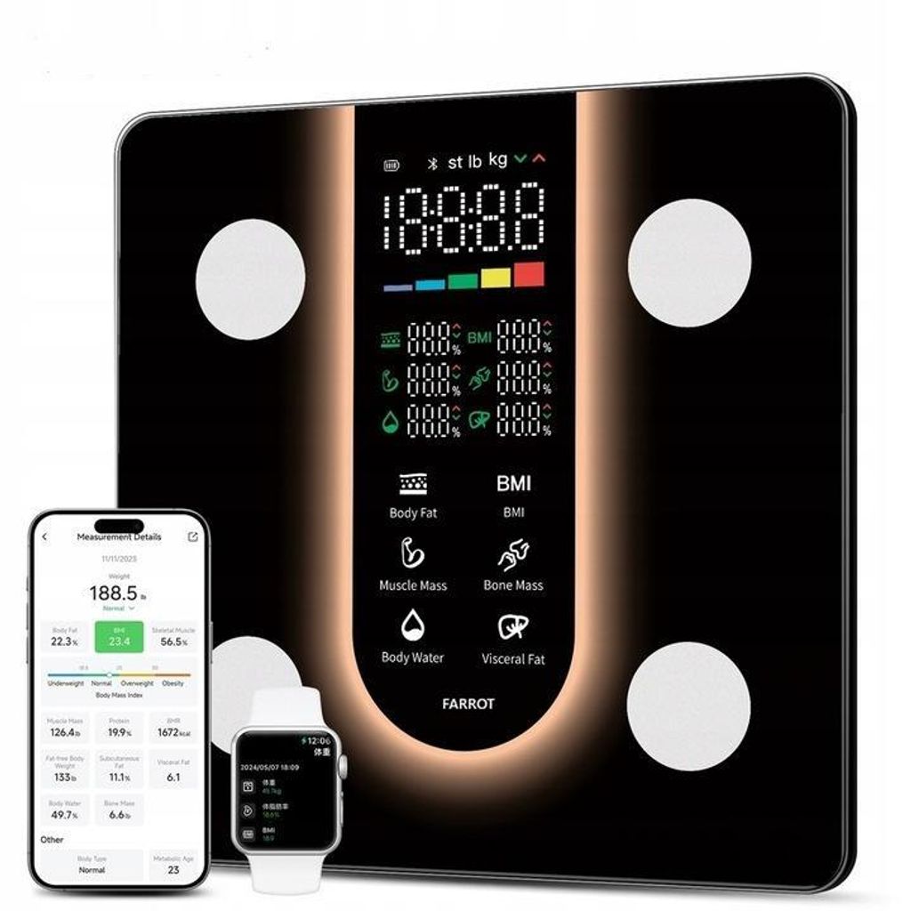 FARROT® Smart Waga Bluetooth 180 kg – 21 Parametrów Analizy Zdjęcie produktu 