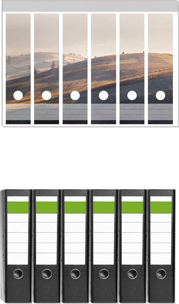 Wallario 6 Stück breite Ordner inkl. Klebeetiketten mit Motive Herbstliche Felder bei Sonnenaufgang - Set mit Rückenschildern / Ordnerrücken Sti...
