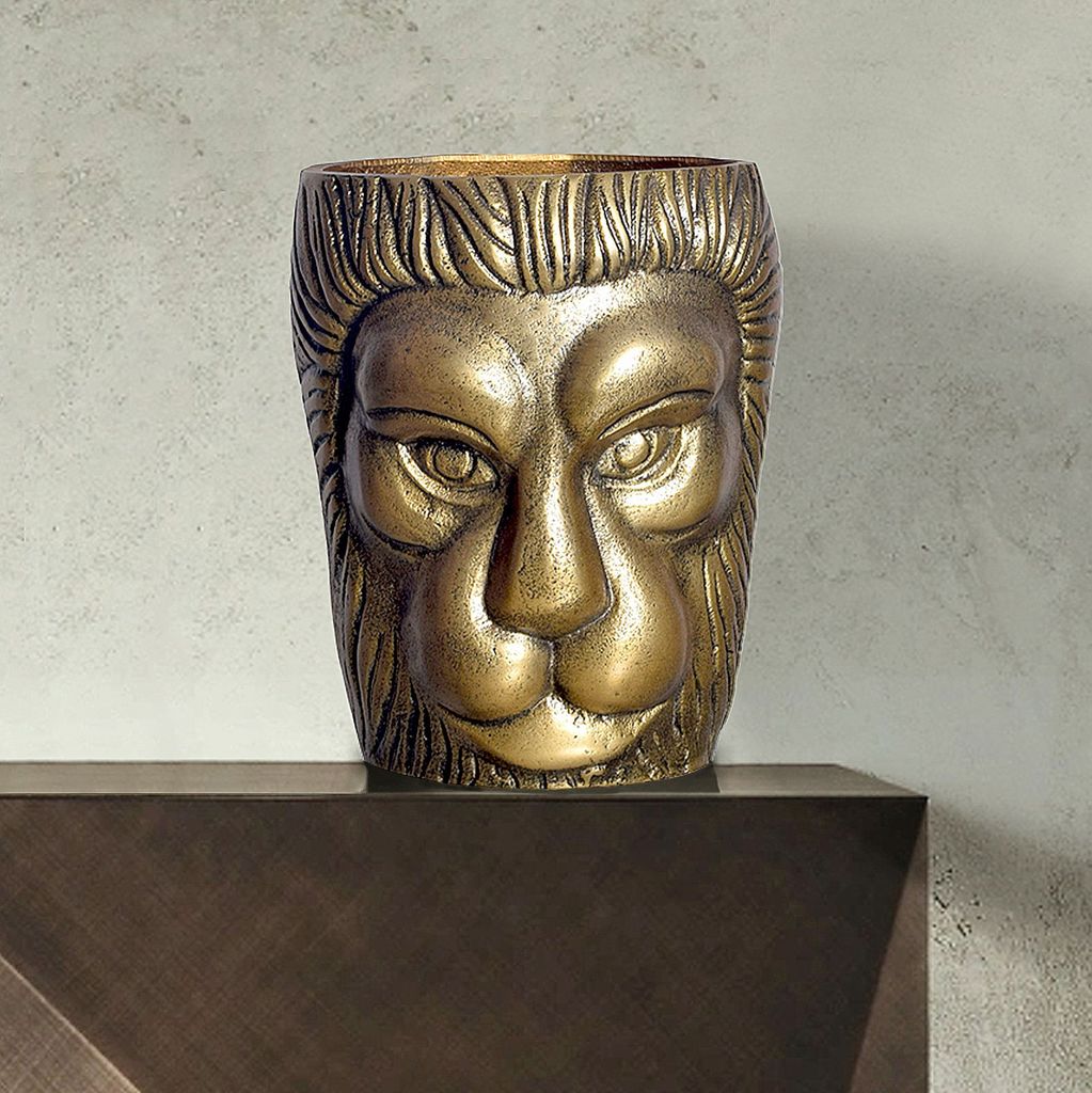 WOHNLING Deko Vase Löwenkopf 21 cm Aluminium Gold Blumenvase Modern Klein Dekovase Rund Extravagant für Blumen Alu Tischvase Wohndeko Tischdeko