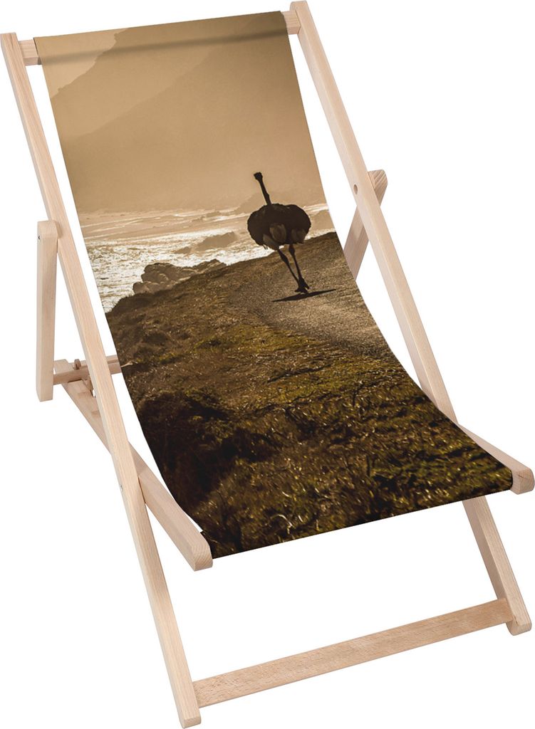 Dreamroots Liegestuhl klappbar Holz bis zu 130 kg, Sonnenliege klappbar mit 3-stufiger Neigungsregulierung der Rückenlehne, Ostrich on the