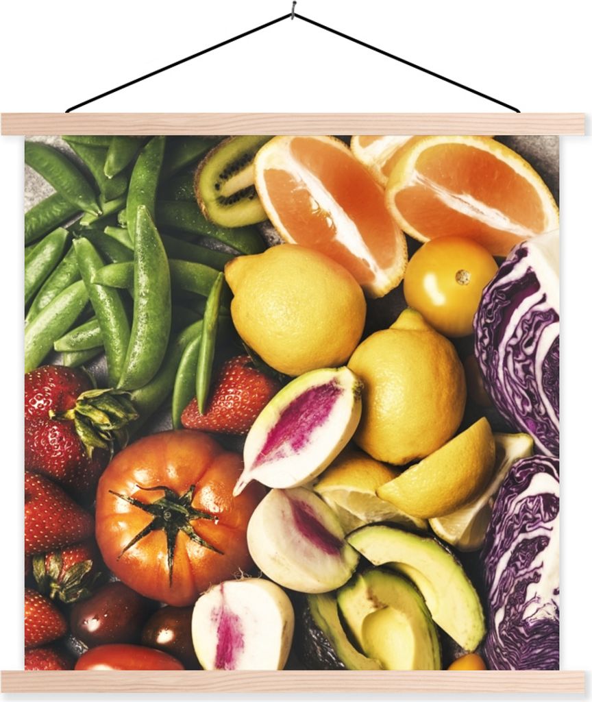 MuchoWow Textilposter Obst - Gemüse - Farben 60x60 cm mit holzfarbenen Rahmen - Wanddekoration