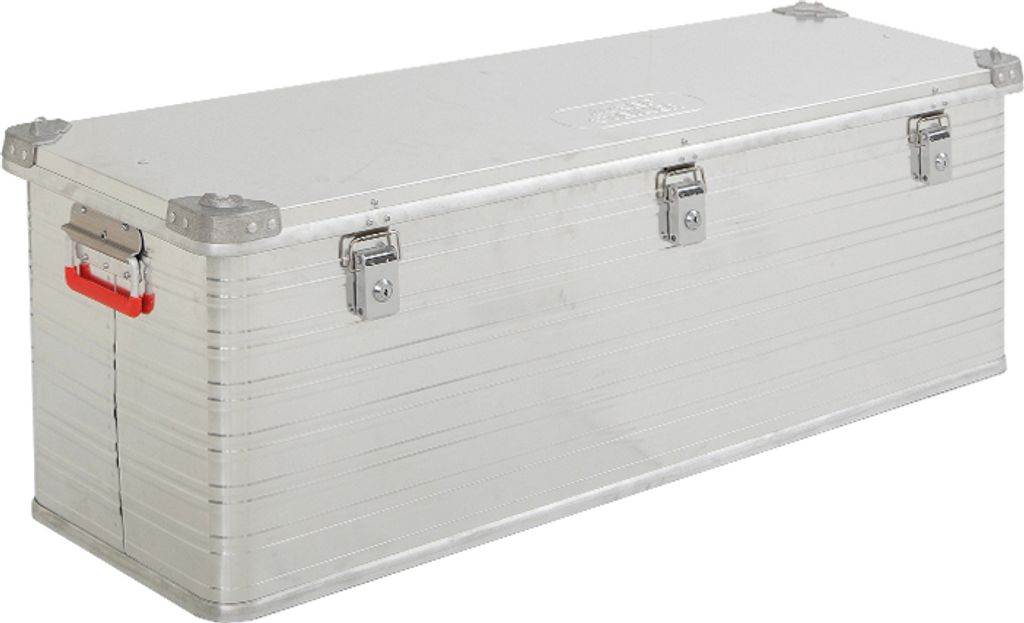 A silver aluminum transport case with red handles and metal latches, shown against a white background.