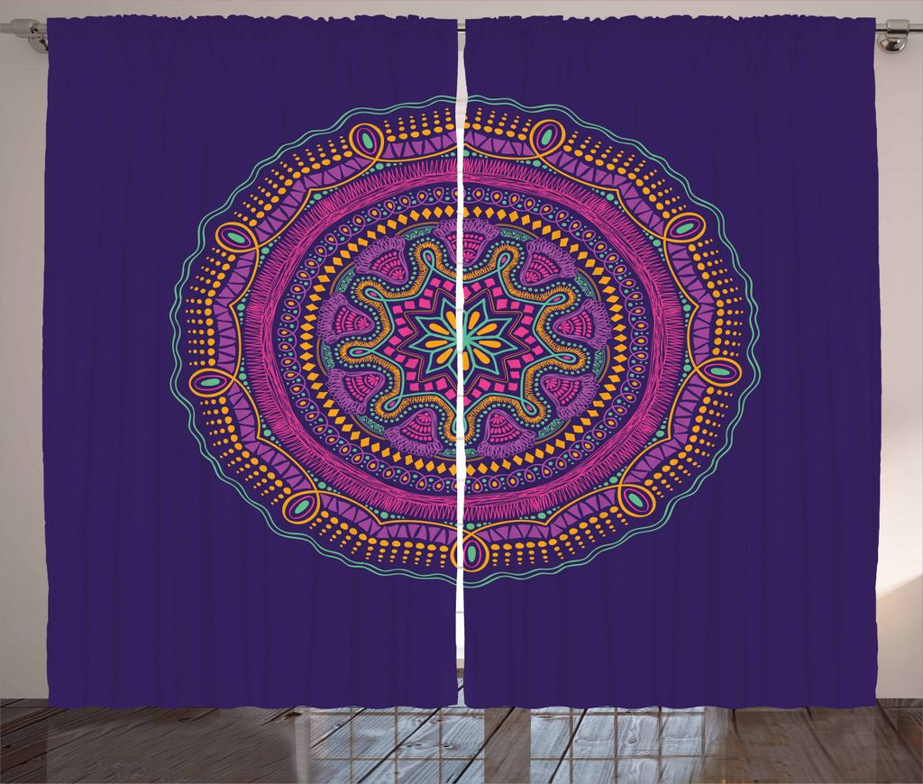 ABAKUHAUS Yoga Rustikaler Gardine, Boho Hippie Mandala Lila, Schlafzimmer Kräuselband Vorhang mit Schlaufen und Haken, 280 x 225 cm, Mehrfarbig