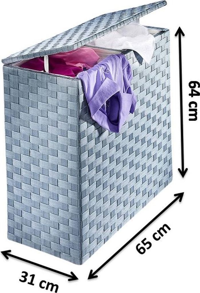 A laundry basket with clothes inside, with dimensions indicated.