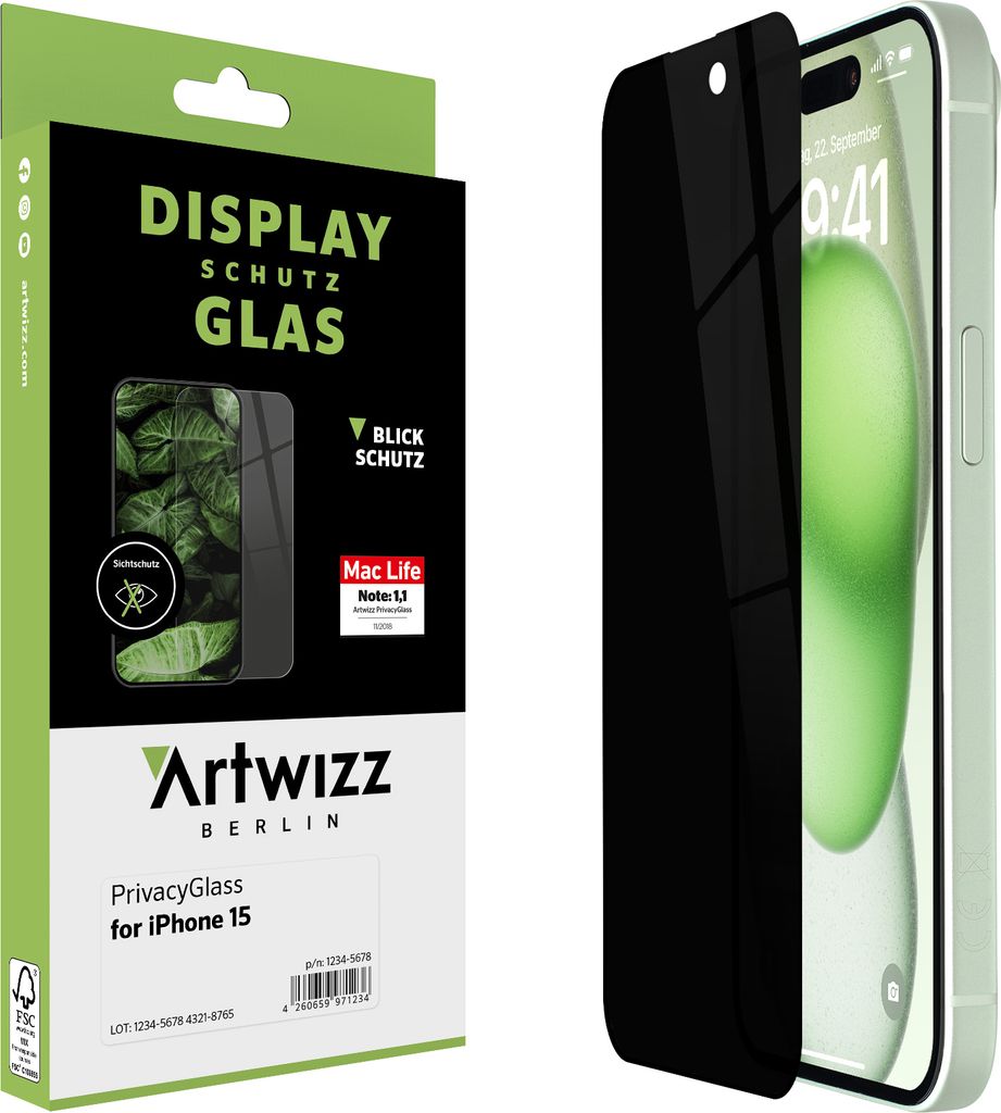 ARTWIZZ PrivacyGlass Schutzglas für iPhone 15 - Displayschutz mit Blickschutz - Hüllenfreundlich