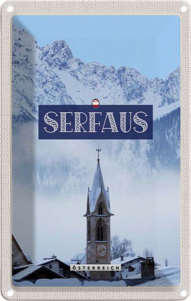vianmo Blechschild 30x20 cm Serfhaus Schnee Berge Kirche Winter Bildmotiv Reisemotiv Abenteuer Reisen Urlaub