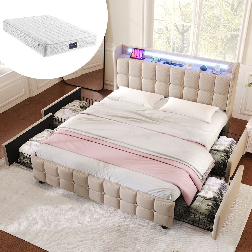 MODFU Polsterbetten 160 x 200 cm, Funktionsbett Doppelbett mit aufladen USB Ladefunktion LED-Beleuchtung und 4 Schubladen(Mit Matratze),Beige