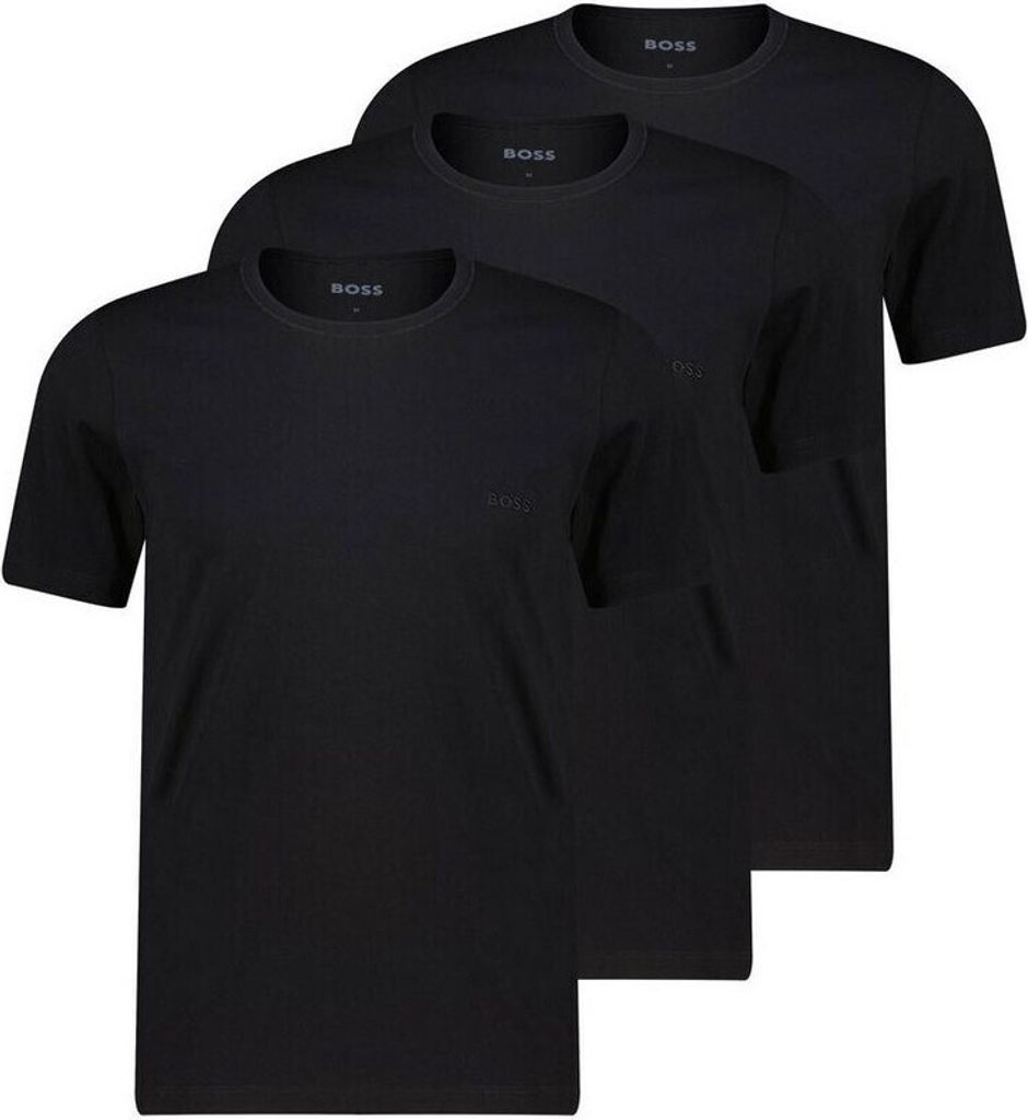 Three black t-shirts are stacked on top of each other.