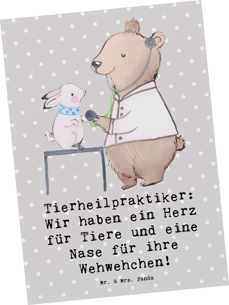 Mr. & Mrs. Panda Postkarte Tierheilpraktiker Herz - Grau Pastell - Geschenk, Ansichtskarte, Beruf, personalisierte Geschenke, Ansichtskarten, Tierl...