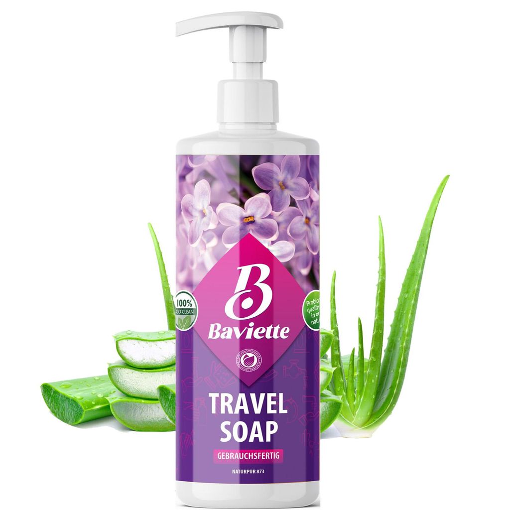Baviette Eco Travel Soap 500ml – Kompakte Taschenseife mit Mikroorganismen, biologisch, ideal für Camping, Auto, Flugzeug, Geschirr & Wäsche un...