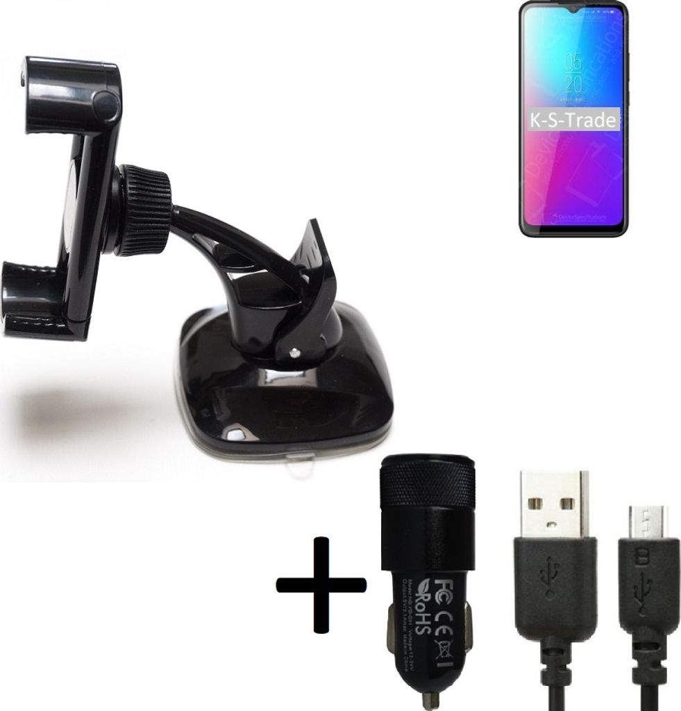 K-S-Trade Halterung kompatibel mit Blackview A70 Windschutzscheibe / Armaturenbrett + LADEGERÄT mit Mico USB Kabel Autohalterung KFZ Halter
