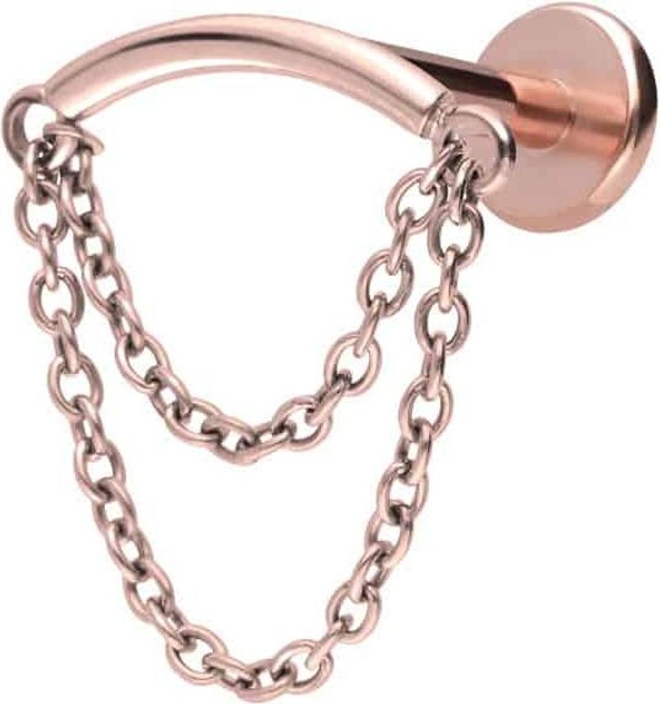 Ohrpiercing, Nasenpiercing Titan Labret mit Innengewinde BOGEN + 2 KETTEN RoséGold Stablänge: 7mm | Stabstärke: 1,2mm