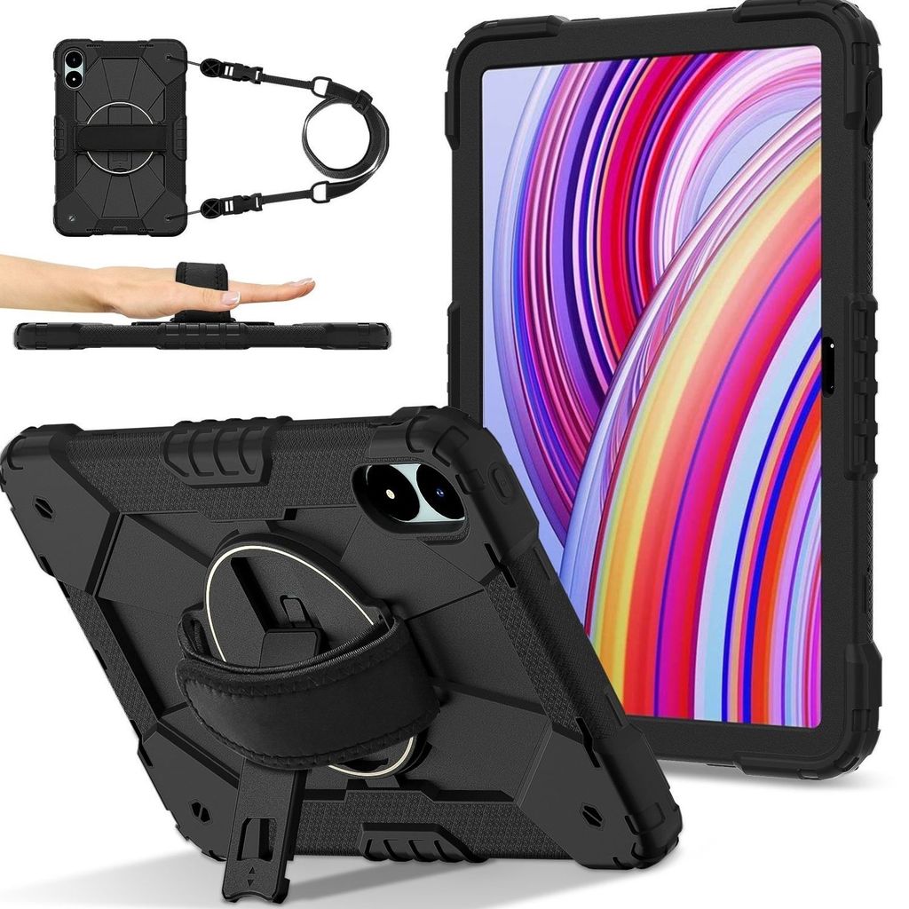 A collage of images showcasing a black tablet case with various features and angles, alongside a tablet displaying a colorful screen.