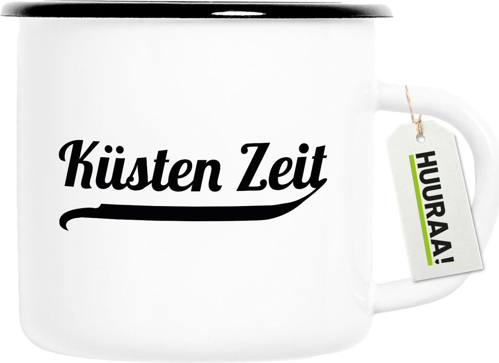 Huuraa Emaille Tasse Küsten Zeit Schriftzug 300ml Vintage Campingbecher Geschenkidee