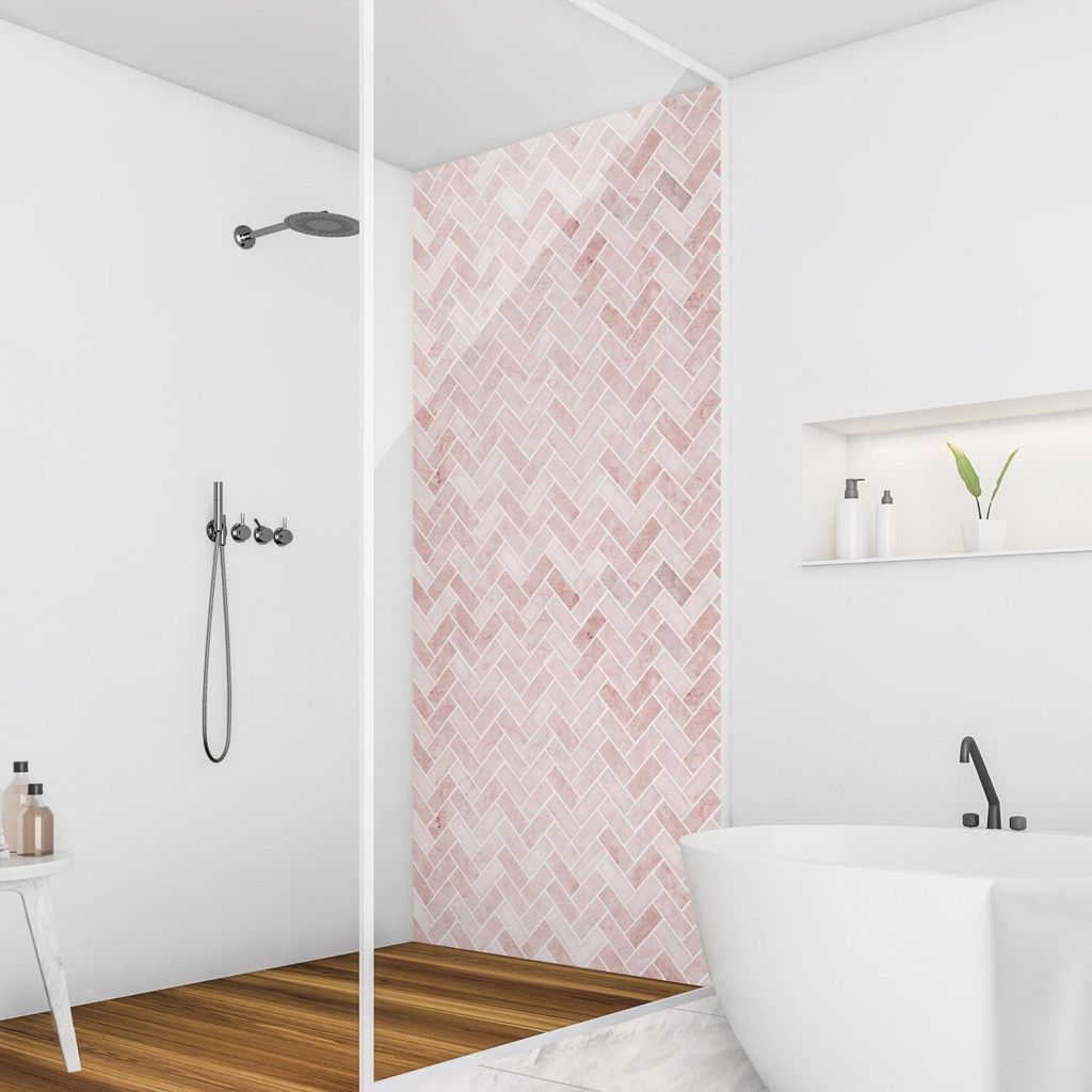 Duschrückwand mit Motiv selbstklebend - 0.61 mm Wandpaneel wasserfest Design rosa Fliesenoptik Abstrakt Badrückwand fugenlos Premium matt 80x190 cm