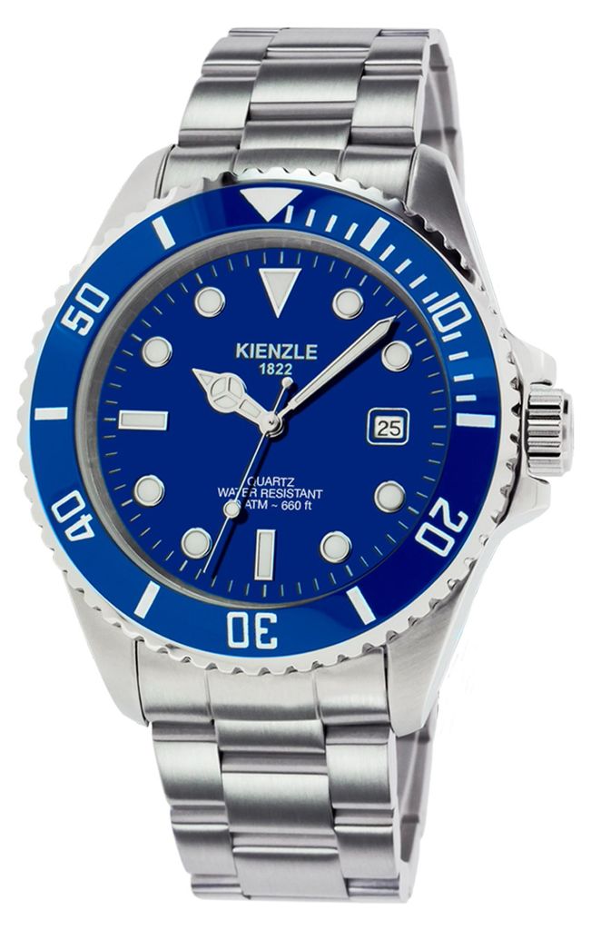 Kienzle Taucheruhr 40 mm Quarz Miyota 2115 Datum mit Lupe 200 m wasserdicht Keramiklünette blau Edelstahlband silber