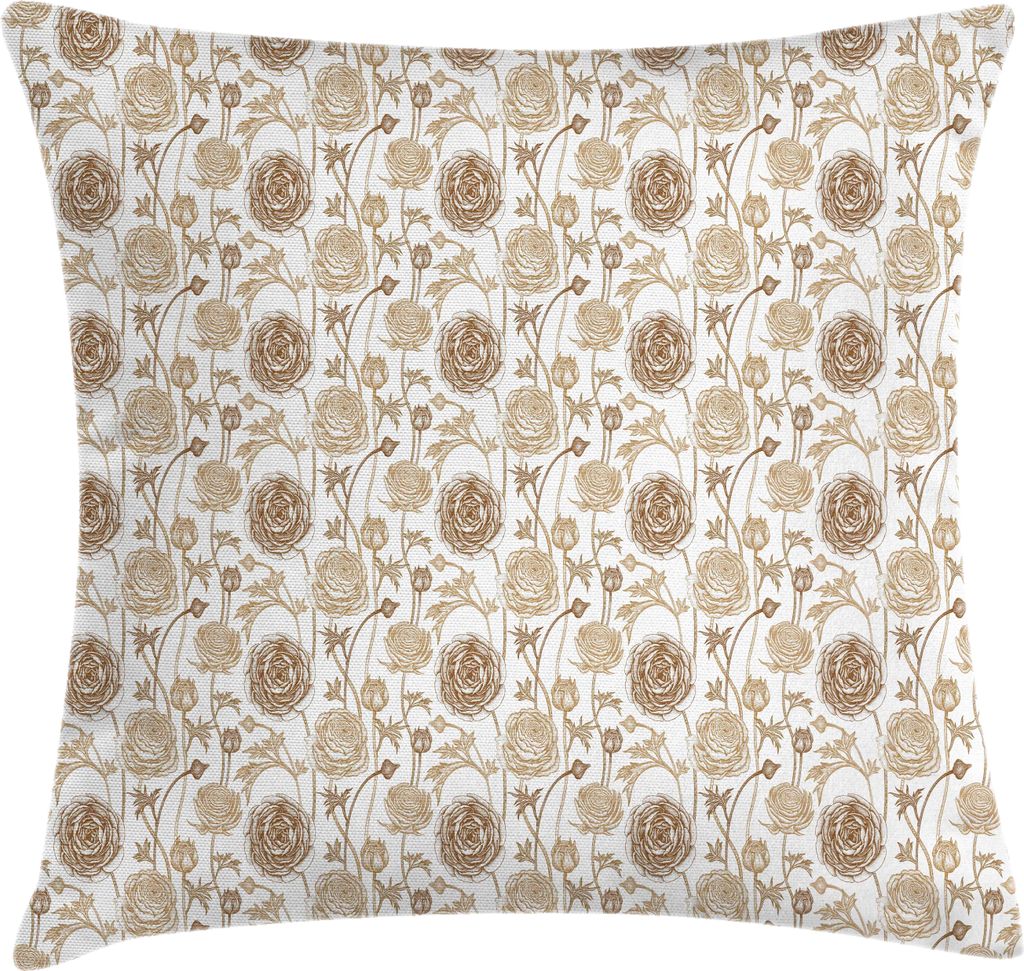 ABAKUHAUS Braun und weiß Kissenbezug, Vintage Illustration von Aufkeimende Buttercup Blumen Garten Pflanzen, 40 x 40 cm, Hellbraun Weiß