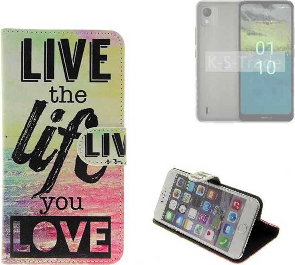 K-S-Trade Schutzhülle Handyhülle kompatibel mit Nokia C110 360° Wallet Case “live life love“ Klapphülle Tasche Etui Smartphone Flip cover (1x)