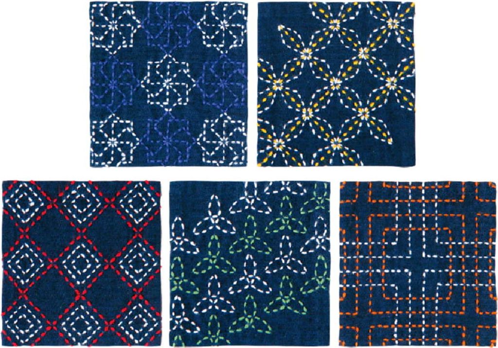 Olympus Sashiko Stickpackung "Tsumugi Untersetzer dunkelblau 5er Set", Stoff bedruckt, 10x10cm, Original aus Japan