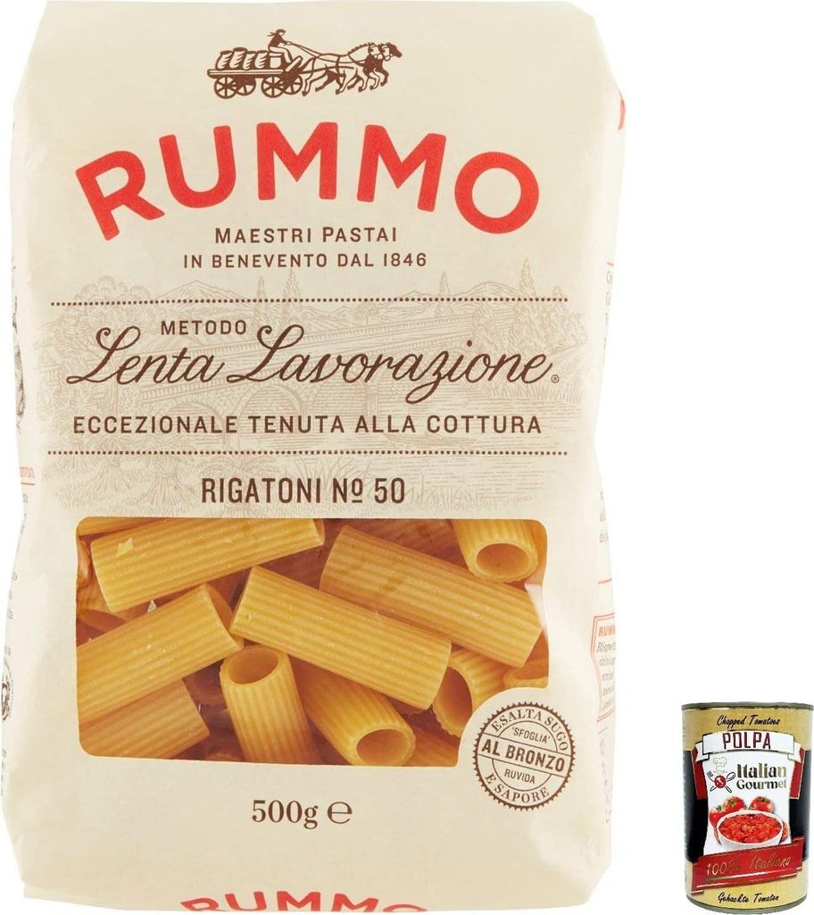 5x Rummo Rigatoni N. 50 Hartweizengrieß Pasta Italienische Nudeln 500g Packung + Italian Gourmet Polpa di Pomodoro 400g Dose