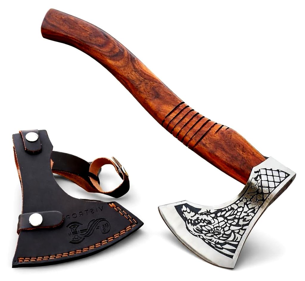 Wikinger Axt – Handgefertigte Outdoor Axt mit Drachengravur, Stahlkopf und Holzgriff – Axt für Camping, Bushcraft und Holzarbeiten