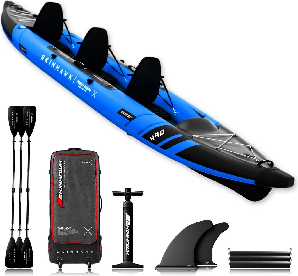 SKINHAWK Prestige Kajak 490 – 3er-Kajak in Blau – Set mit Alu-Paddel