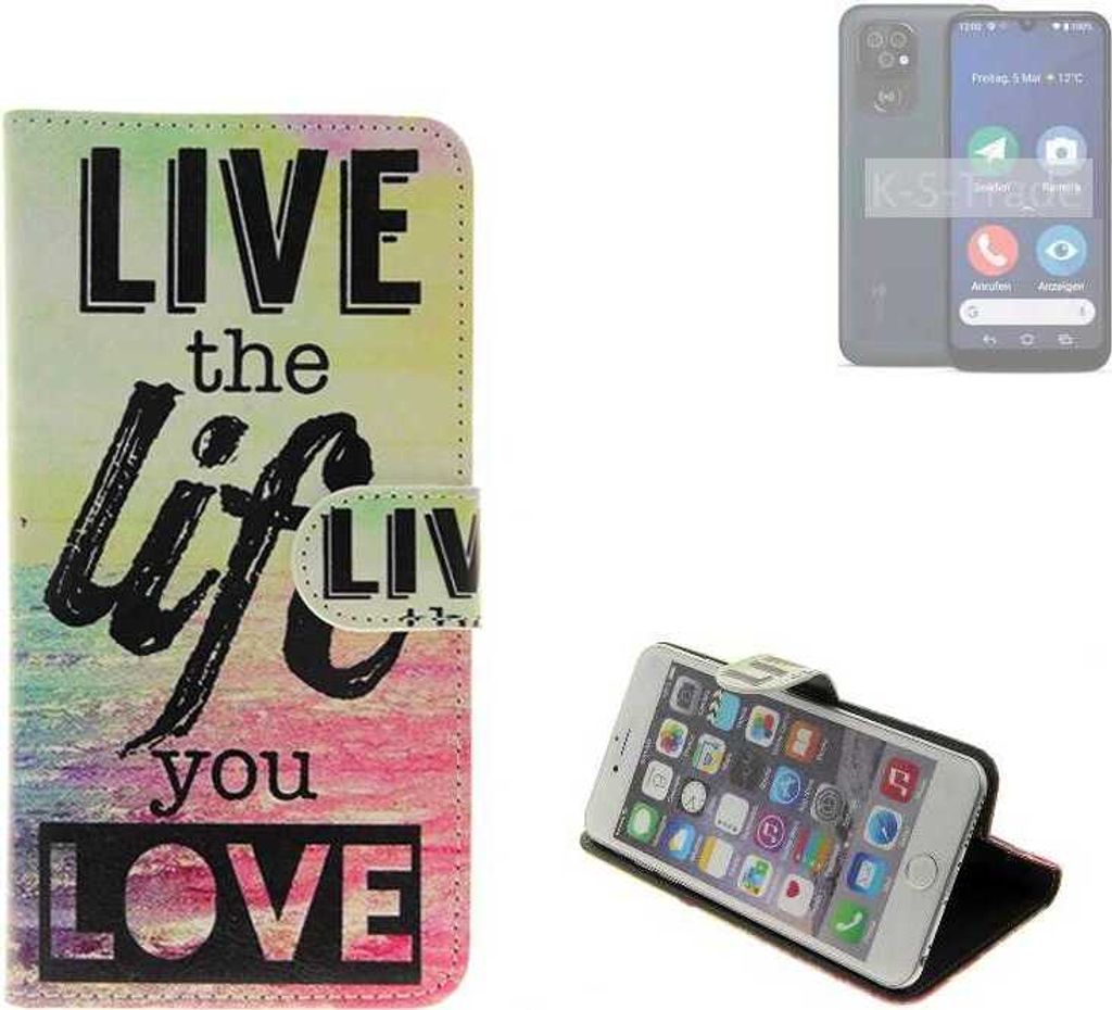 K-S-Trade Schutzhülle Handyhülle kompatibel mit Doro 8200 360° Wallet Case “live life love“ Klapphülle Tasche Etui Smartphone Flip cover (1x)