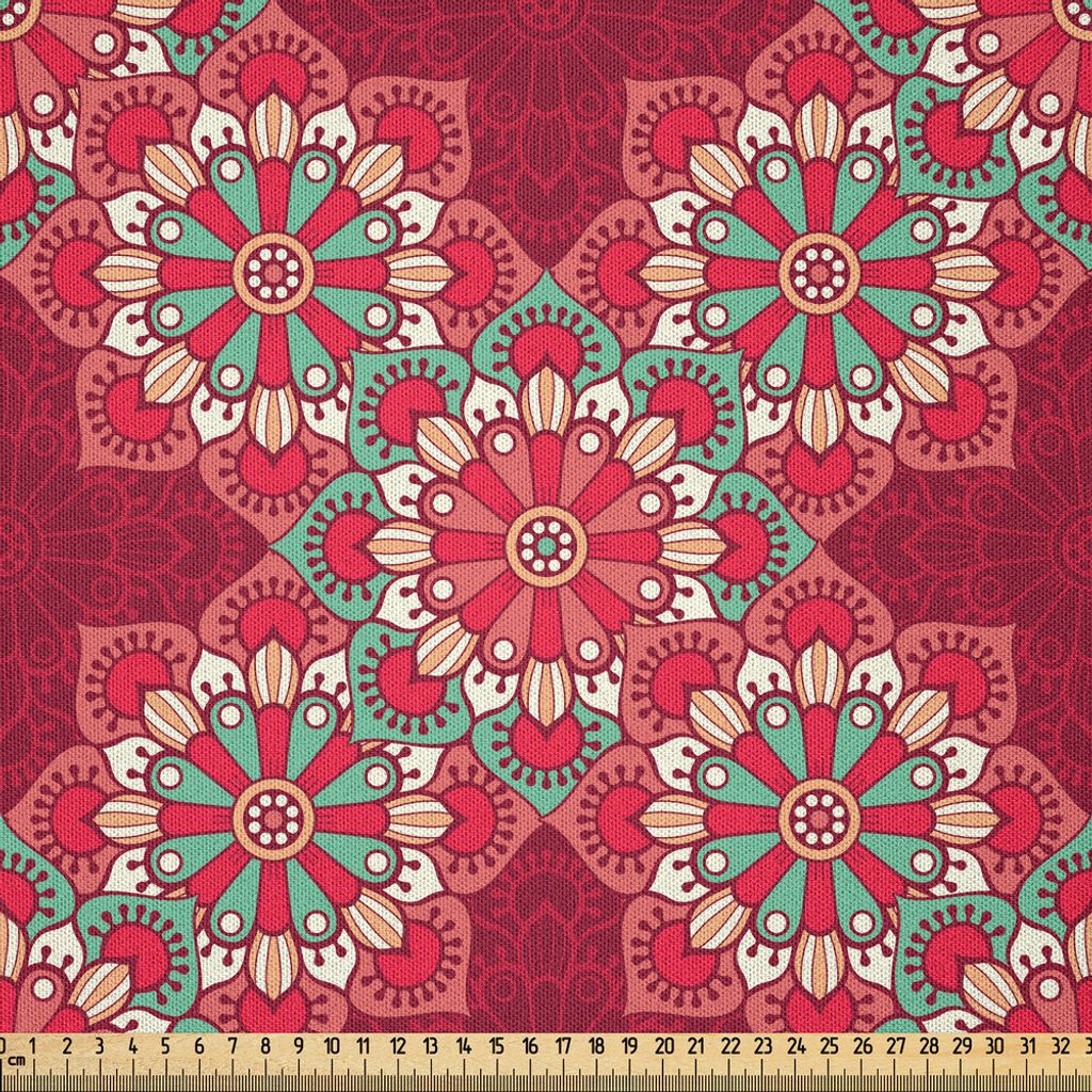 ABAKUHAUS Mandala Microfaser Stoff als Meterware , Runde Blumenmotive in lebendigen Farben Paisley inspiriert Folkloric Ornament, 2 M (230 x 200 cm...