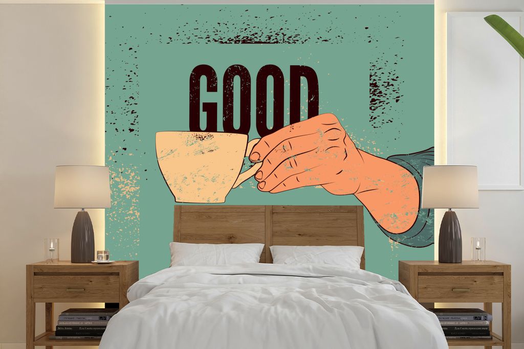 MuchoWow Fototapete für Wohnzimmer oder Schlafzimmer Wandtapete Vinyl Motivtapete Kaffee - Zitate - Retro - Guten Morgen! Kaffee - Zitate - 280x...