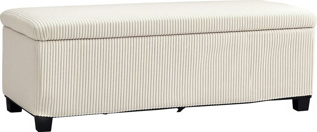 A beige storage bench with a corduroy-like texture and black legs, presented on a white background.