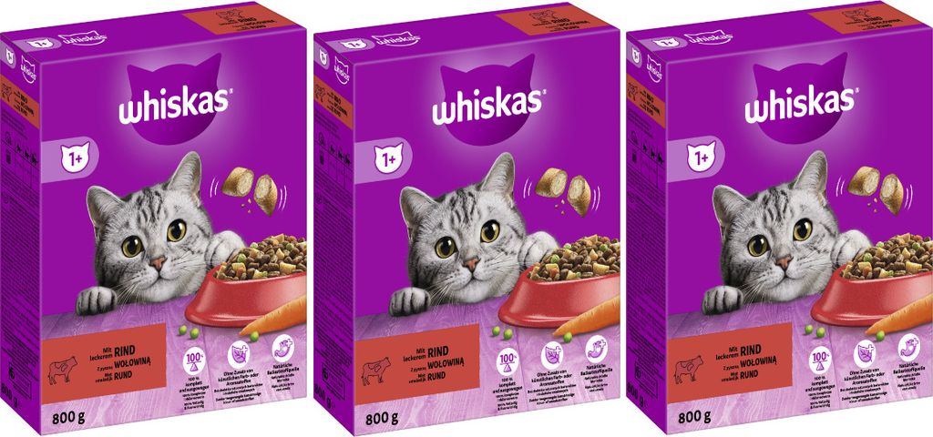 WHISKAS Karton Trocken 1+ mit Rind 3 x 800g