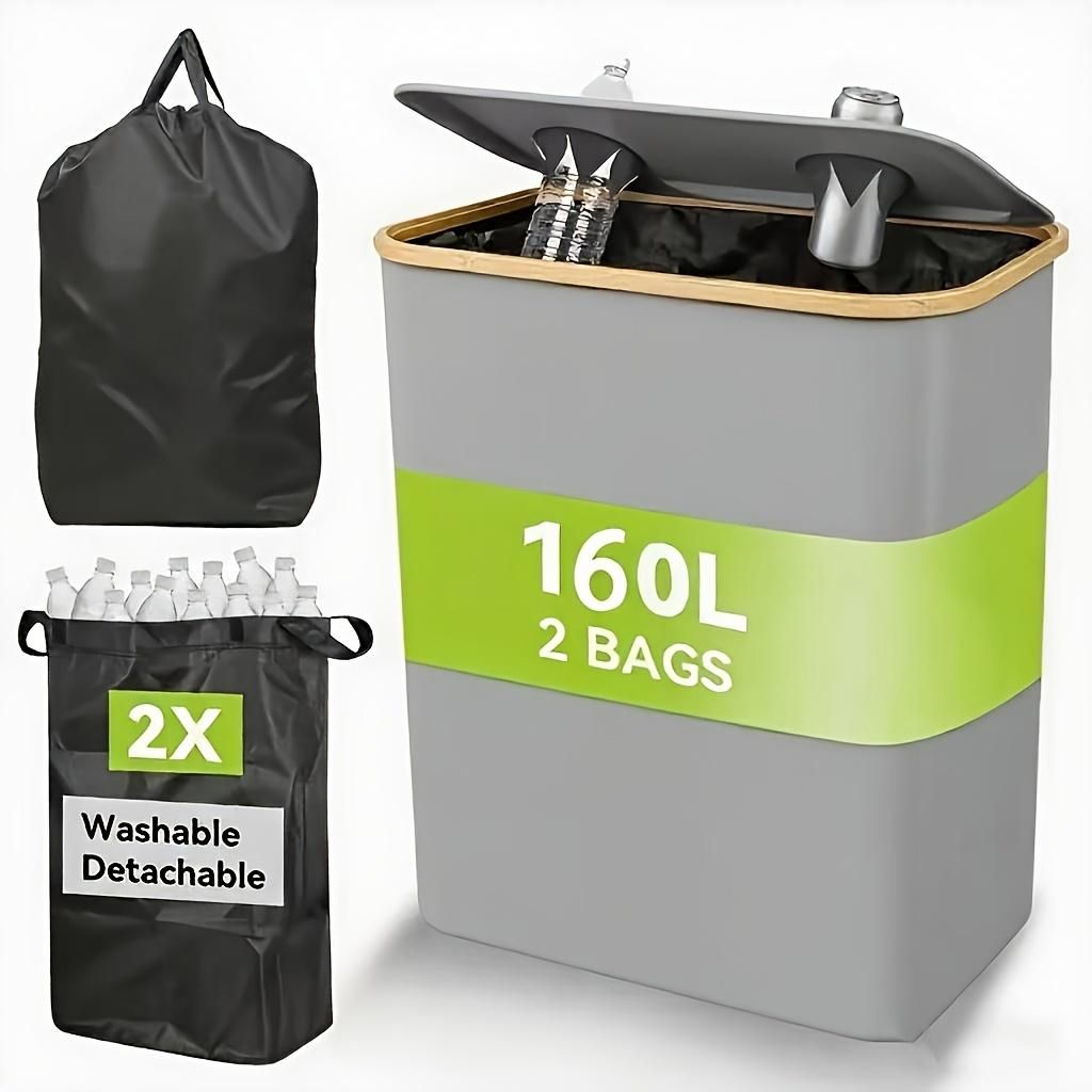 160L Pfandflaschen Aufbewahrung mit Deckel,Inklusive 2 wiederverwendbare Innentaschen,Für Küche/Outdoor,Groß Behälter Leergut Flaschensammler,g...