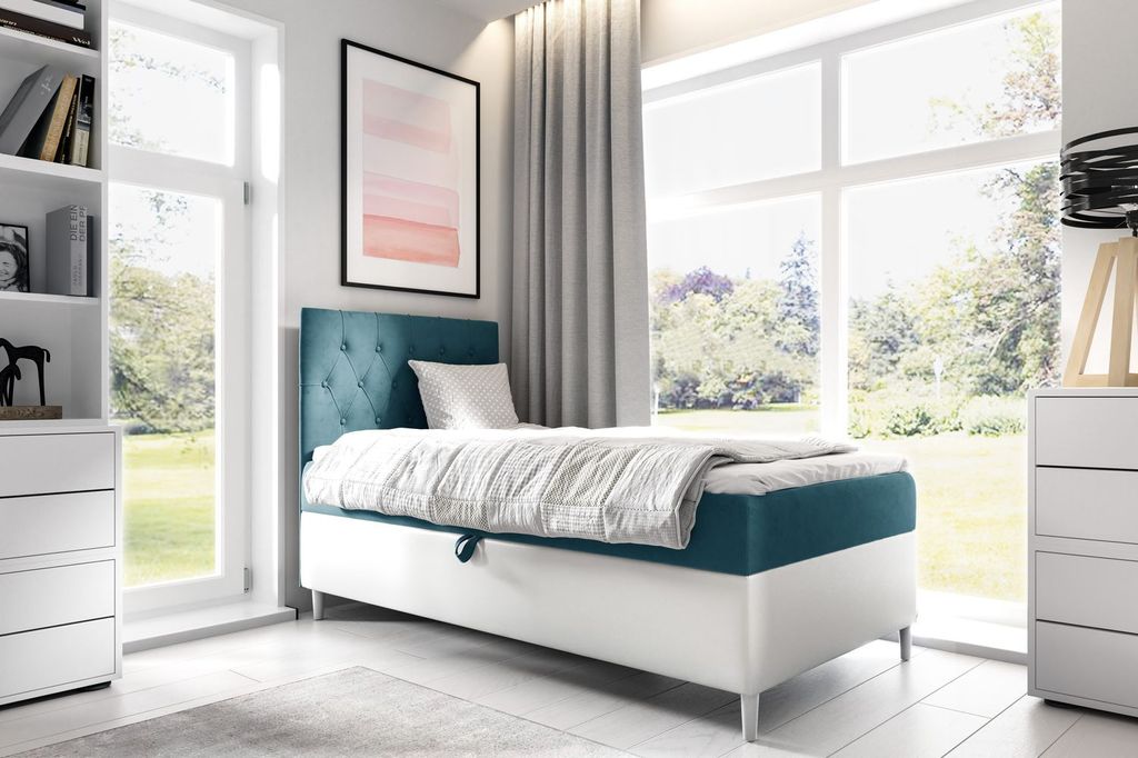 Kontinentales Bett 100x200 KAILI 1 - blau/weiß, Öffnung rechts + GRATIS Matratzenauflage